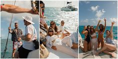 people are sitting on the deck of a boat in the ocean and one person is taking pictures