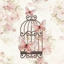 a birdcage with pink butterflies on it and flowers in the background is shown