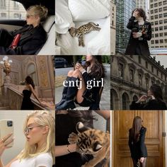 a collage of photos with women and cats