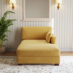 a living room with a yellow chair and potted plant