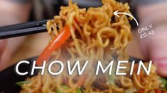 someone is holding chopsticks with noodles in it and the words chow mein above them