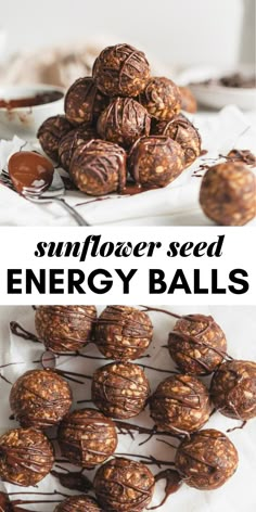 chocolate energy balls are stacked on top of each other with the words sunflower seed energy balls above them