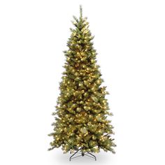 a christmas tree with white lights on the top and green needles, in front of a white background