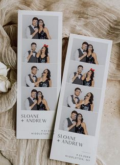 two polaroid style wedding cards with pictures of the couple and their date on them