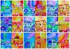 several different colored houses painted in watercolors on paper with the moon and stars above them