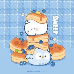 a cartoon character is surrounded by pancakes and blueberries