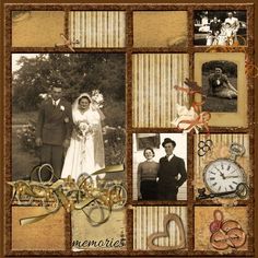 an old fashioned wedding photo is shown with many different things around it, including the bride and groom