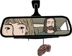 two people are seen in the rear view mirror