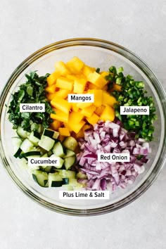 the ingredients for this salad are in a glass bowl, including onions, cucumber, red onion, and mango