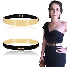 PRICES MAY VARY. DESIGN: This women's belt features gold plated metal front with metallic color, mirror like effect and bling metal gives fashion and stylish look. These belts look elegant and amazing. It has two black elastic straps with a snap closure, stretch and elastic design for a comfortable waist fit One SIZE: Roughly the length of the front your waist, you can bend it to the size of your waist and make it fit well. MIRROR EFFECT:The belt will not overwhelm your whole outfit, it will act Bangle Hack For Dress, Metal Waist Belt, Rashmi Gautam, Star Platinum, Metallic Gold Dress, Mirror Metal, Gold Belt, Beautiful Belts, Metallic Dress