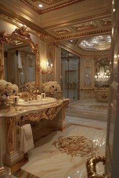 a fancy bathroom with marble floors and gold accents on the walls, along with an ornate sink