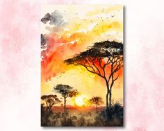 a watercolor painting of trees and sunset