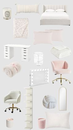 a white bedroom with pink accents and accessories