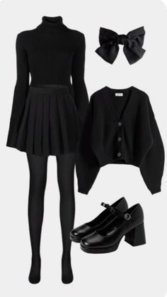 Goth Preppy Aesthetic, Dark Academia Outfit Black Skirt, Smart Casual Women Black, Cutesy Goth Outfits, Semi Formal All Black Outfits For Women, Dark Coquette Outfit Ideas, Dark Aesthetic Outfits Winter, Goth Outfit Winter, Dark Preppy Outfits