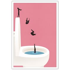 there is a person standing on the edge of a toilet with water in it and birds flying around