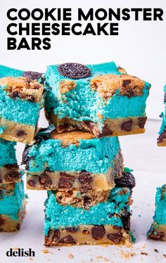 there are cookies and cookie monster cheesecake bars stacked on top of each other