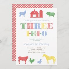 there is a birthday card with farm animals on the front and bottom, which reads three e - o