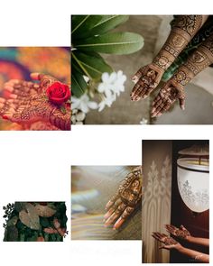 the hands and feet of a woman are decorated with hendix, flowers, and leaves