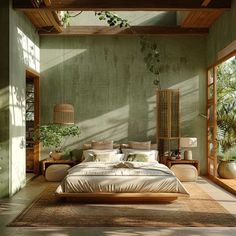 a bedroom with green walls and wooden furniture