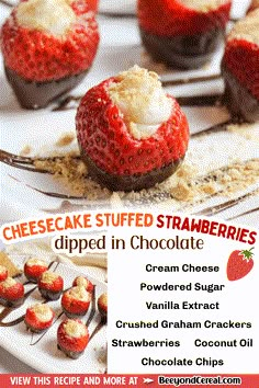 there is a poster for cheesecake stuffed strawberries dipped in chocolate