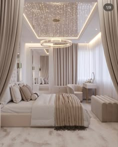 a bedroom decorated in white and beige with lights on the ceiling