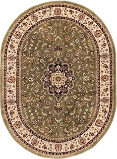 a green and beige rug with an ornate design on the center, surrounded by flowers