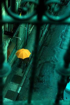 a person with an umbrella walking down the street in the rain through a gated window