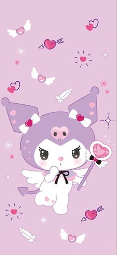 a cartoon character holding a pink rose in her hand with hearts and stars on the background