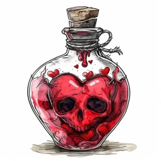 a drawing of a heart in a glass bottle with a skull on the side and hearts coming out of it