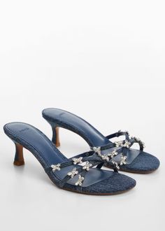 Heeled denim sandals - Women | Mango USA Kitten Heels Aesthetic, Mango Heels, Mango Shoes, Butterfly Heels, Denim Sandals, Kitten Heel Shoes, Aesthetic Shoes, Denim Style, Sandals Women