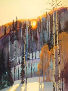 the sun is setting behind some trees in the snow covered mountains and hills, as if it were painted with pastel pencils