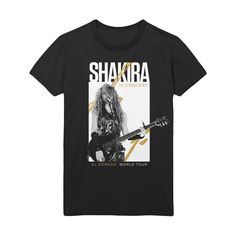 a black t - shirt with an image of a woman holding a guitar in front of her