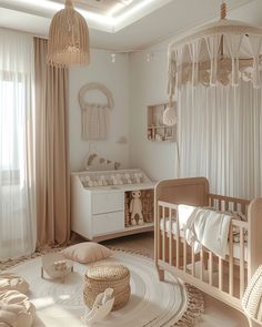 a baby's room is decorated in neutral tones