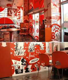 two pictures of the inside of a restaurant with red walls and chairs in front of them