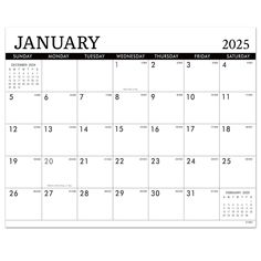 a black and white calendar with the word january on it's front page, which is