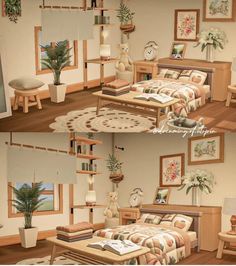 two pictures of a bedroom with furniture and decor