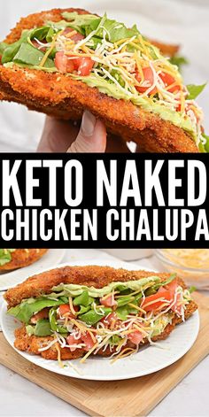 the keto naked chicken chaupa sandwich is cut in half and served on a white plate