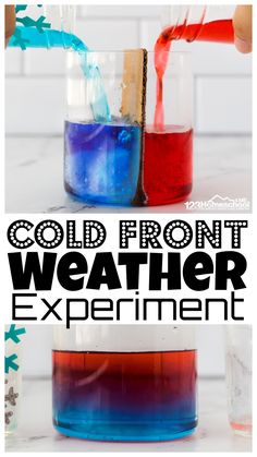 the science experiment is filled with different colored liquids and liquid, including blue, red, and