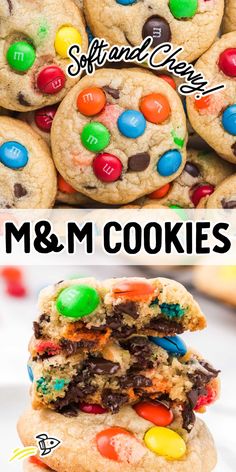 m & m cookies stacked on top of each other with the words, m and m cookies