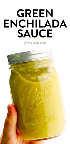 green enchilada sauce in a mason jar with the title text overlay