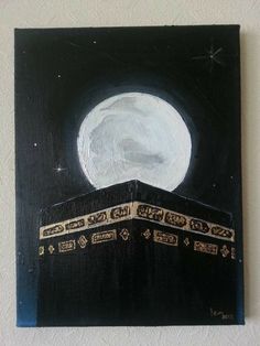 a painting of a mosque with the moon in the sky above it on a white wall