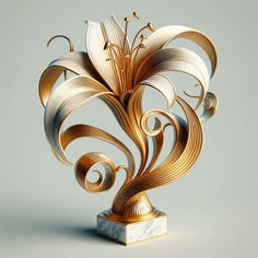 an artistically designed golden vase on a white marble base, with gold swirls