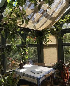 a table and chairs in a room with lots of plants on the windows sill