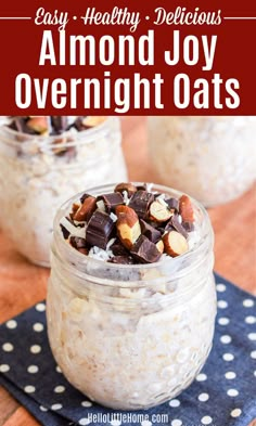 two jars filled with overnight oats on top of a blue napkin and white polka dots