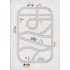 a white rug with cars and trees on it