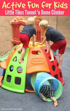 two young boys playing in a little tikes tunnel with text overlay that reads active fun for kids