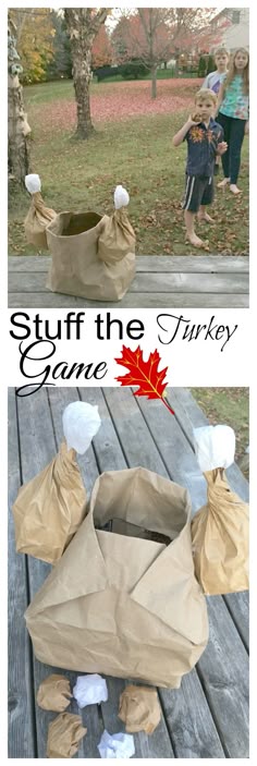 an image of two bags with tissue paper on them and the words stuff off the turkey game