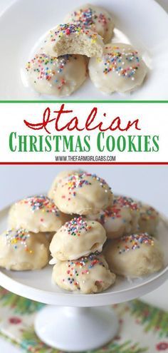 christmas cookies with sprinkles are on a white plate and the title reads italian christmas cookies