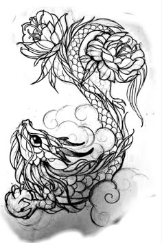 a drawing of a dragon with flowers on it's back