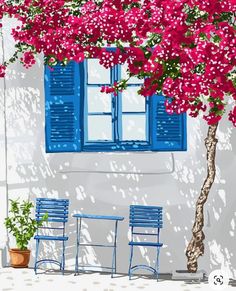 a painting of two chairs and a tree with pink flowers in front of a blue window